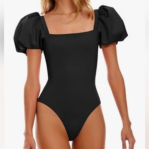 Puff sleeve swimsuit L black one piece swimwear feminine architectural top new